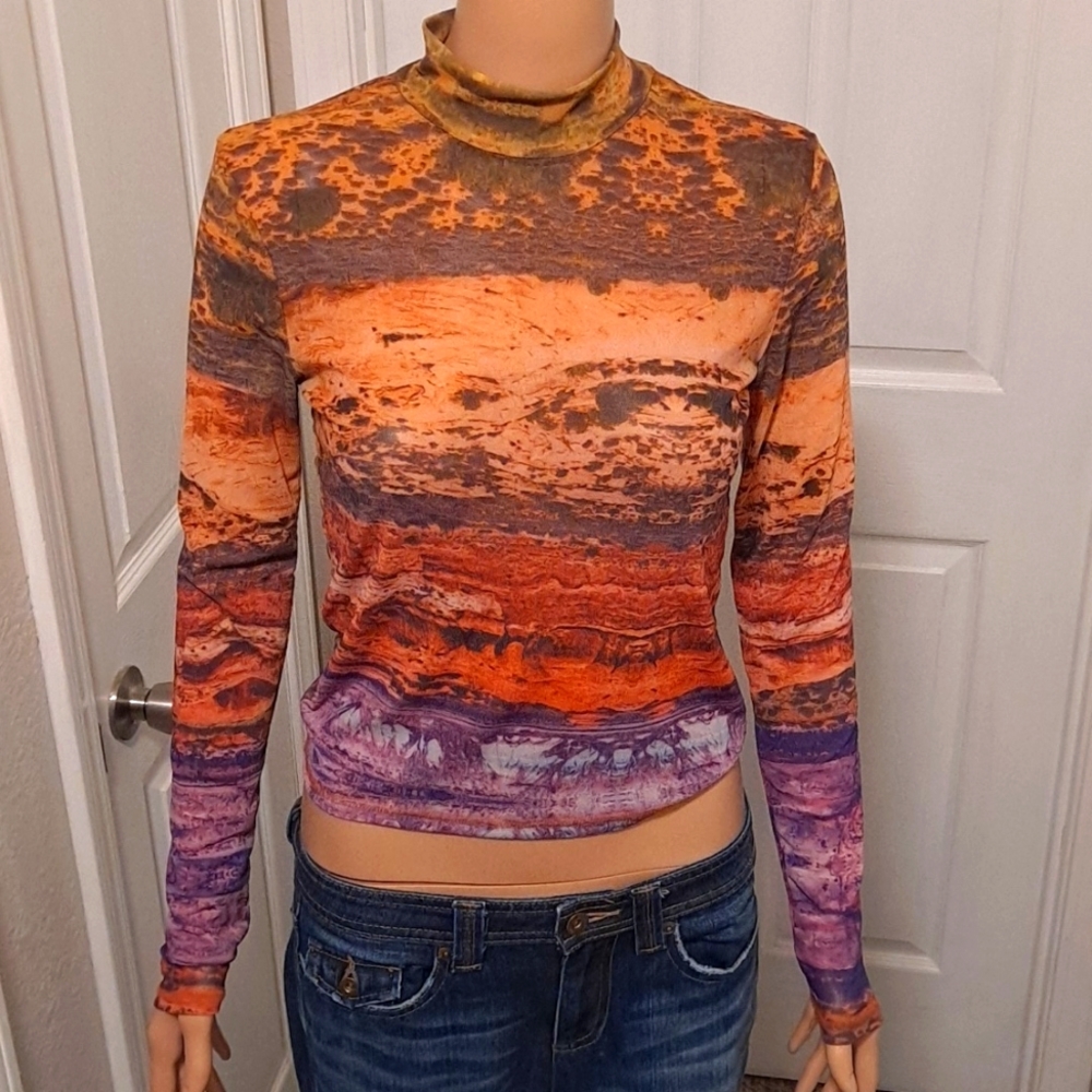 Forever 21 Sheer Mock Turtleneck Long Sleeve Desert Landscape Top
